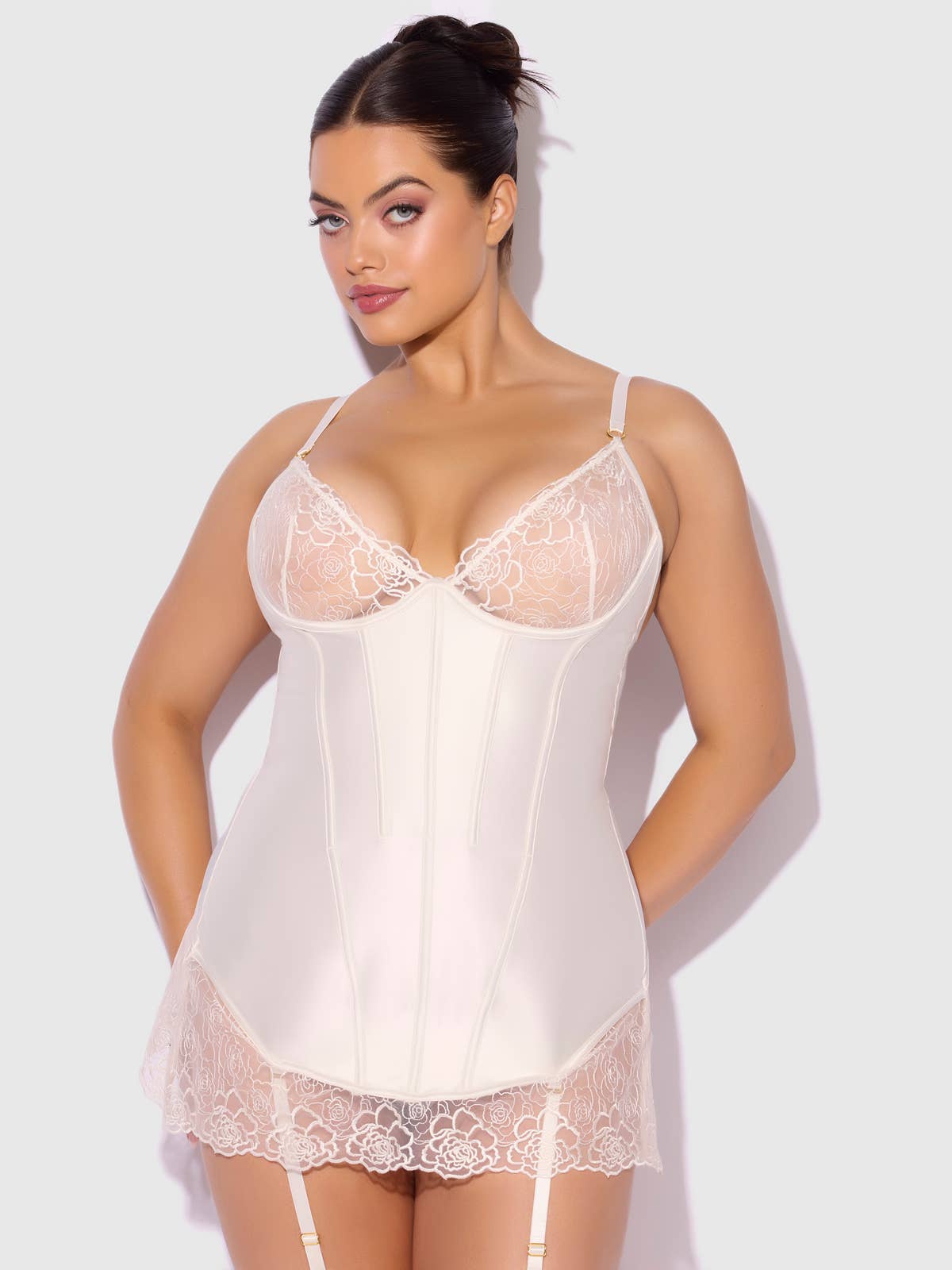 OPAL SATIN & EMBROIDERED LACE CHEMISE & G-STRING SET