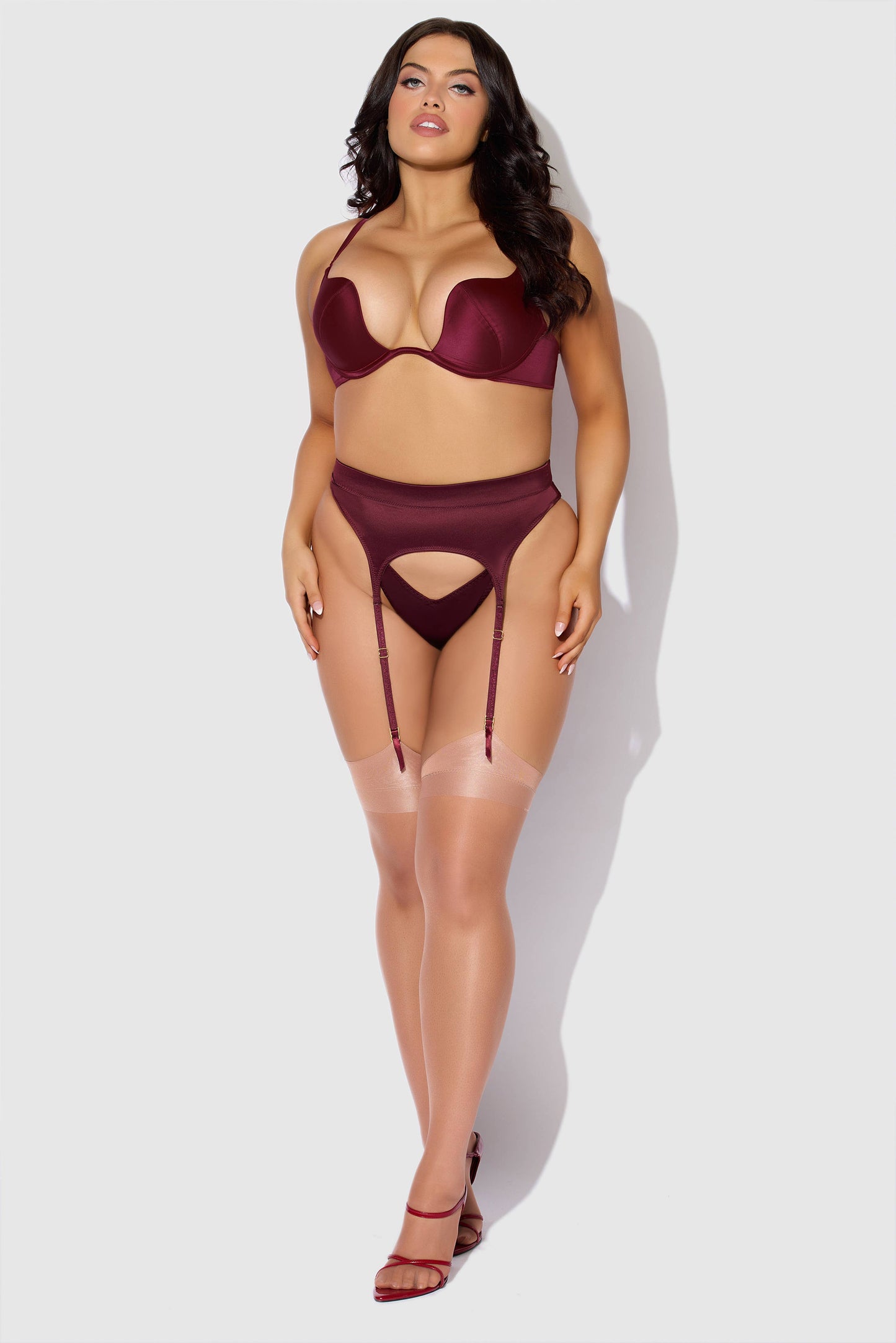 BIANCA SATIN DEEP PLUNGE PUSH UP BRA, GARTER & THONG SET