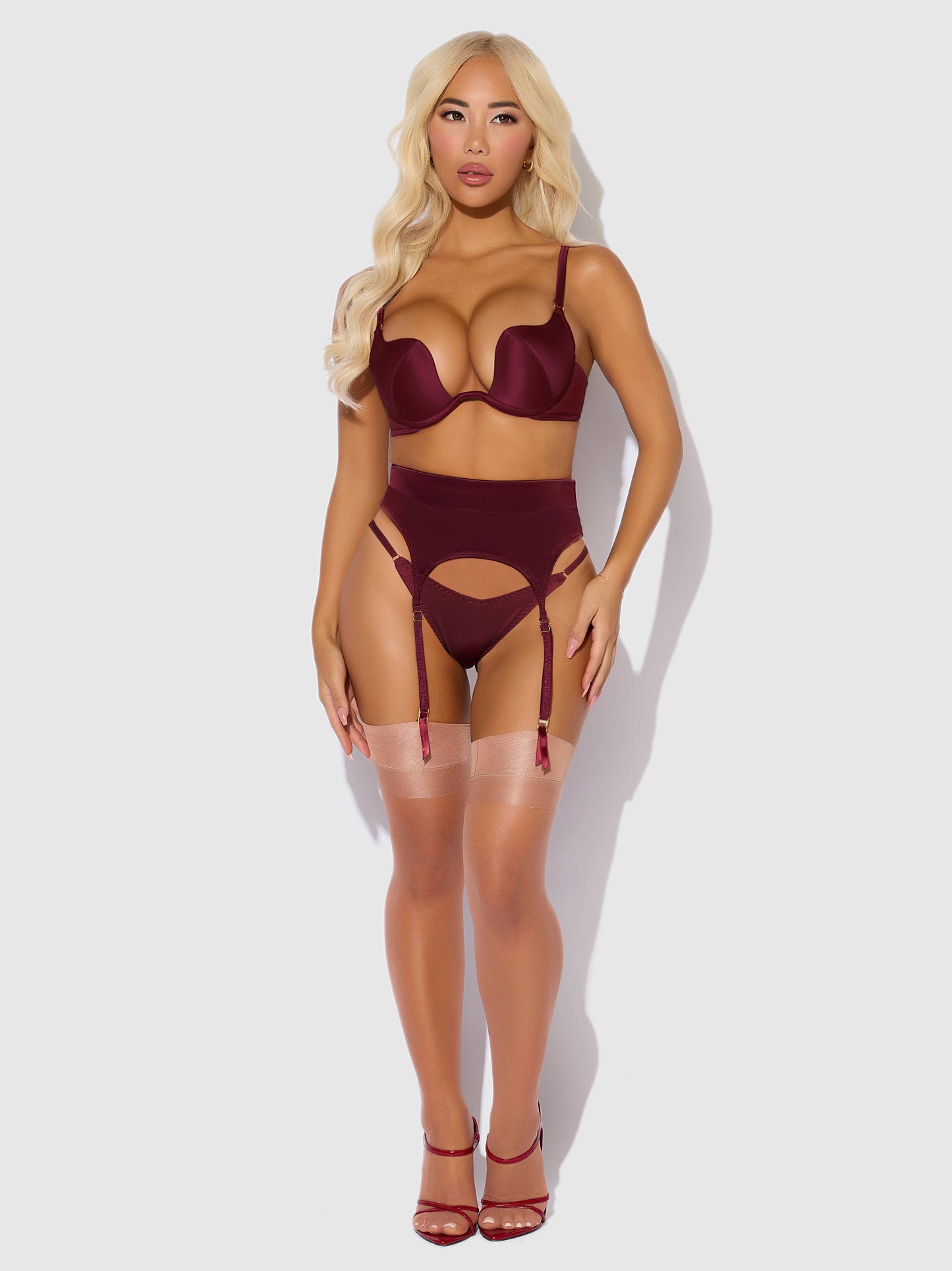 BIANCA SATIN DEEP PLUNGE PUSH UP BRA, GARTER & THONG SET