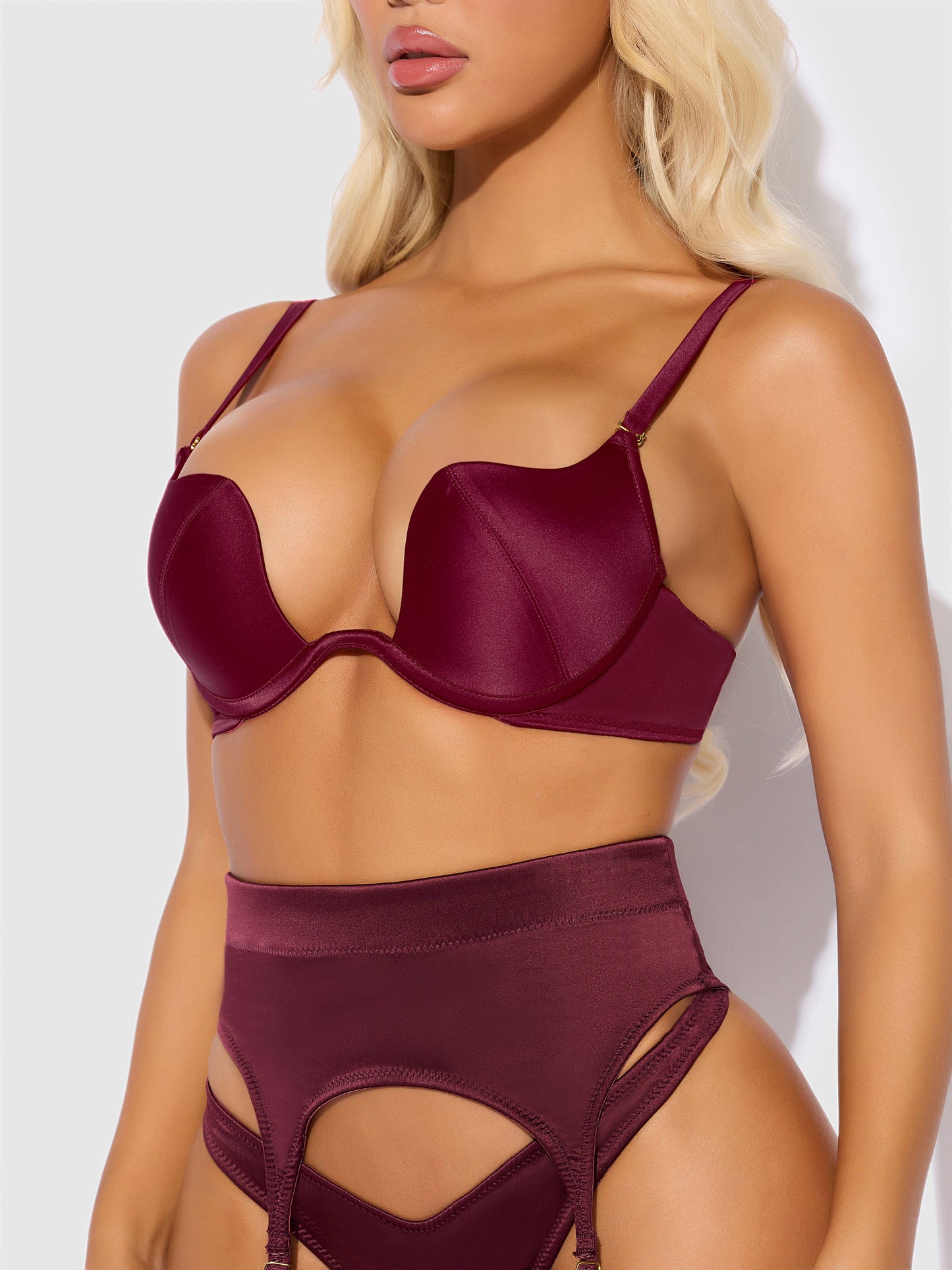 BIANCA SATIN DEEP PLUNGE PUSH UP BRA, GARTER & THONG SET