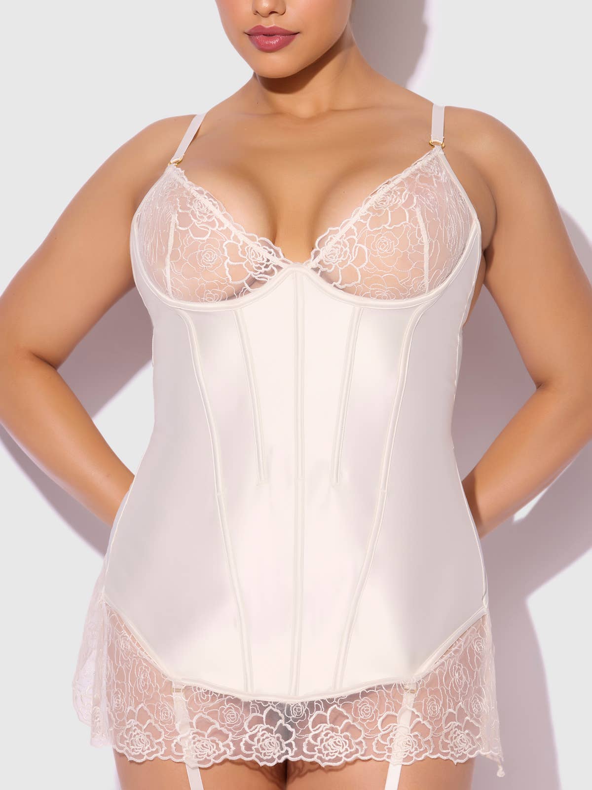 OPAL SATIN & EMBROIDERED LACE CHEMISE & G-STRING SET