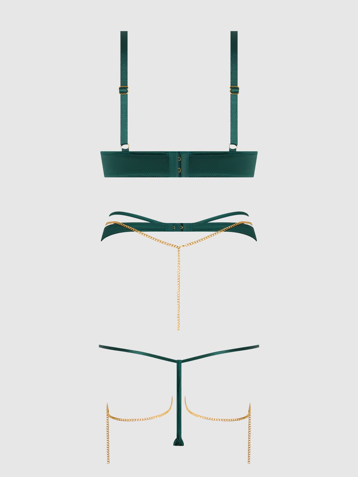 GIGI SATIN & CHAIN BRA, THIGH GARTER & G-STRING SET