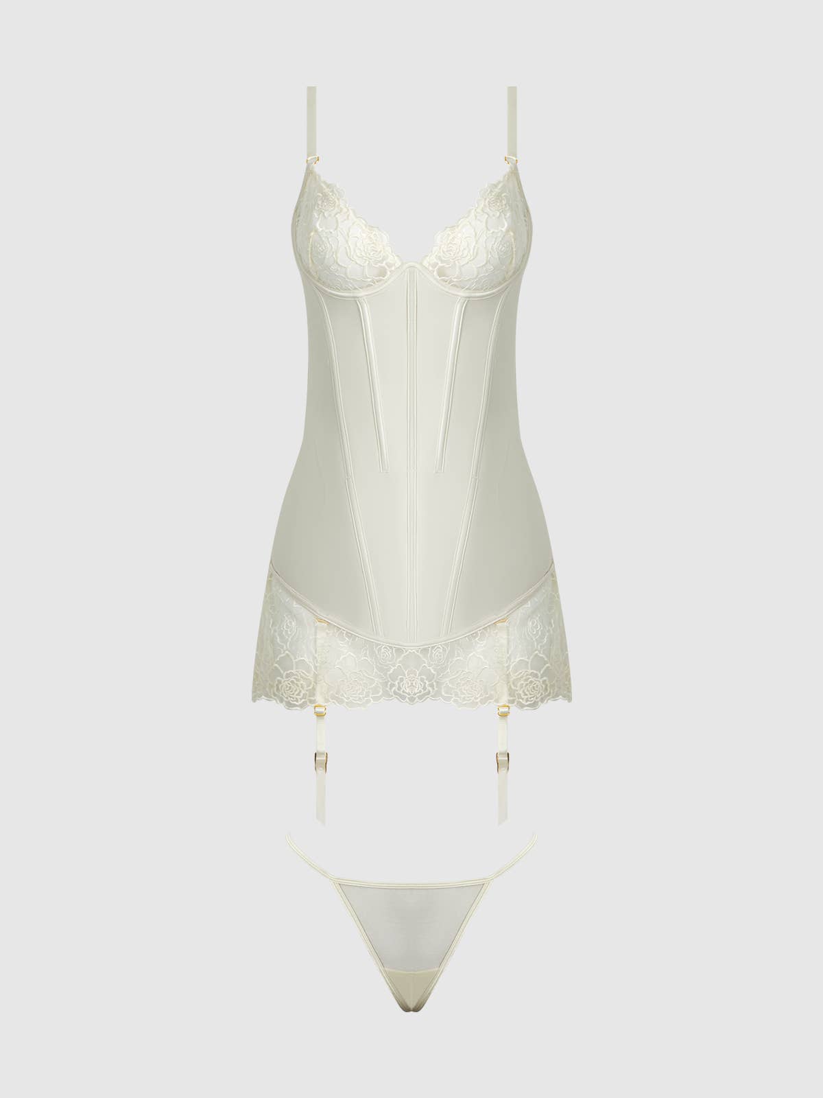 OPAL SATIN & EMBROIDERED LACE CHEMISE & G-STRING SET
