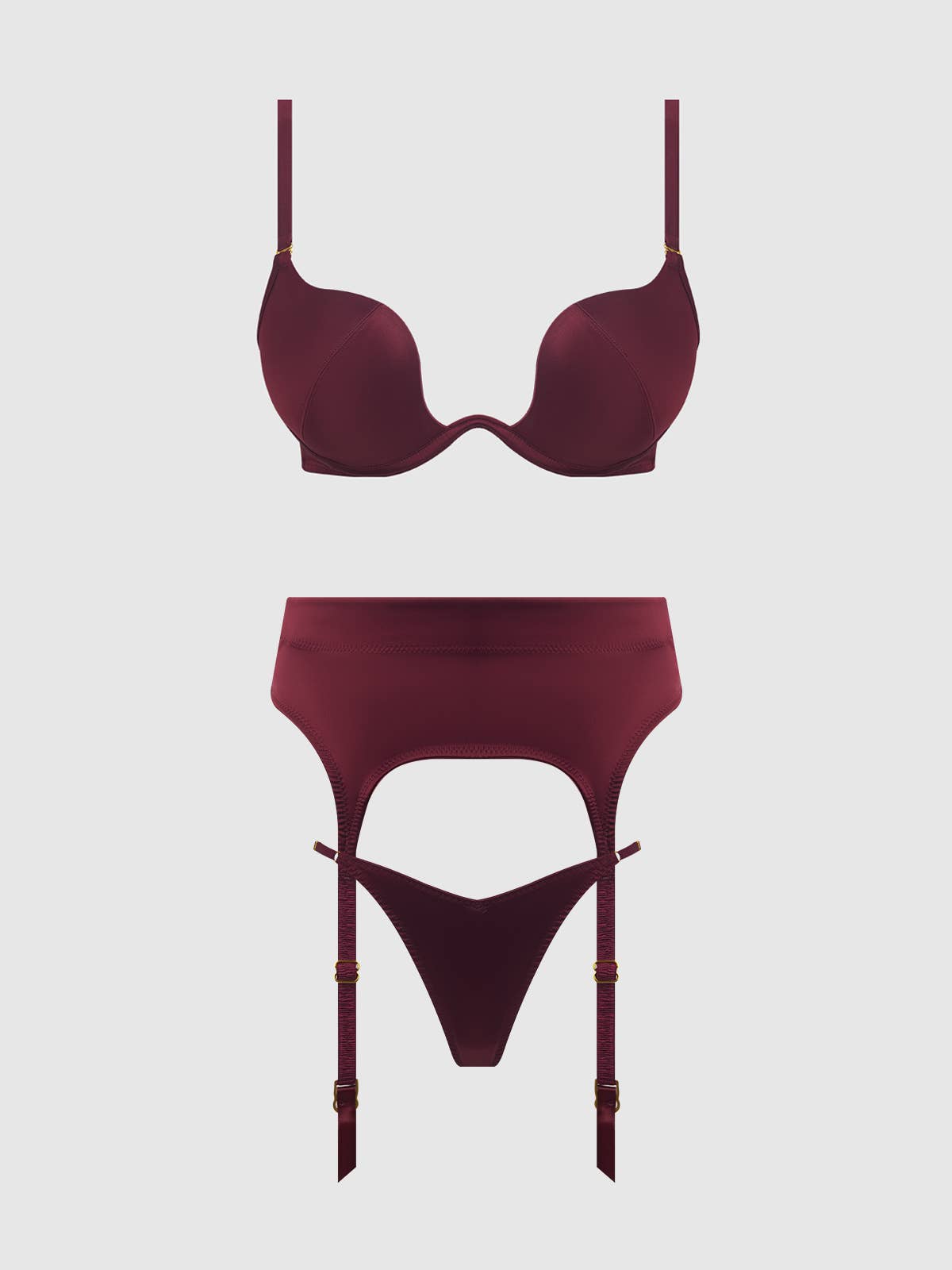 BIANCA SATIN DEEP PLUNGE PUSH UP BRA, GARTER & THONG SET