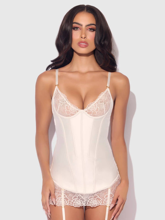 OPAL SATIN & EMBROIDERED LACE CHEMISE & G-STRING SET